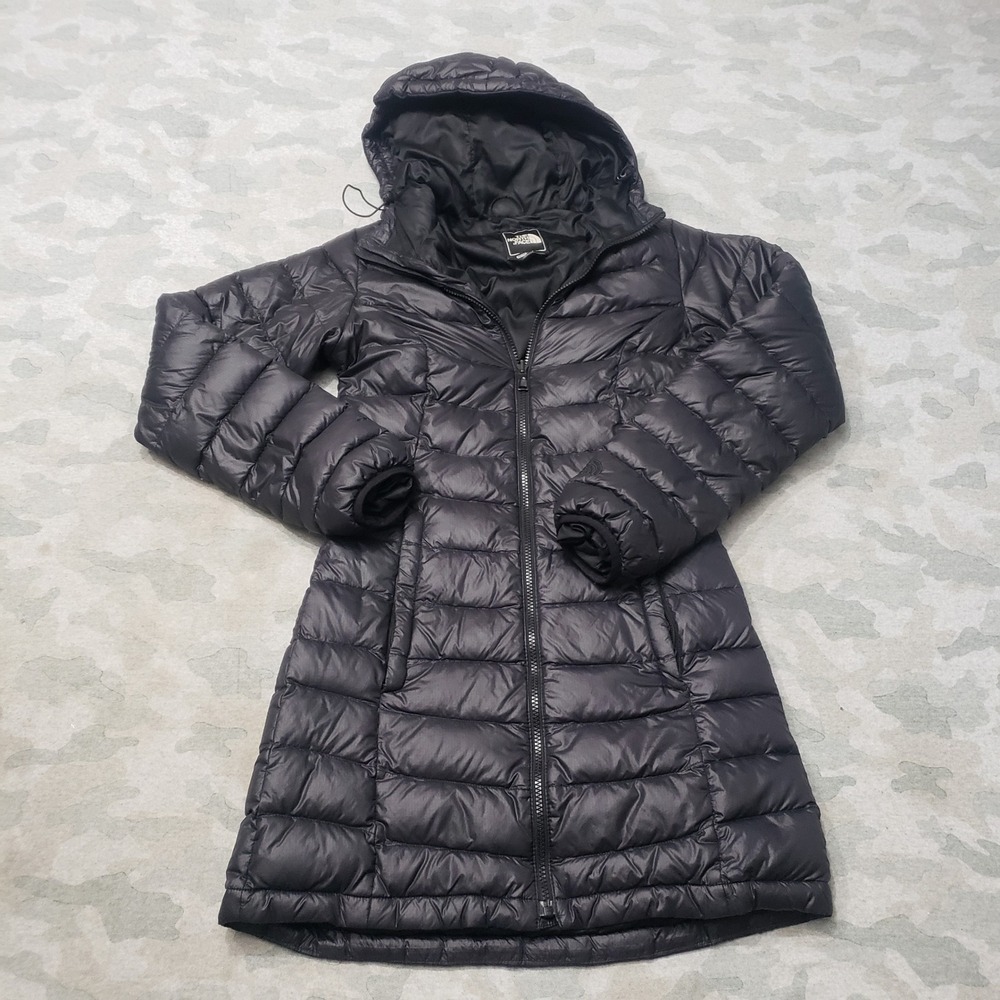 The North Face Puffer Jacket Womens XS Black Goose Down Hooded Long Parka Coat